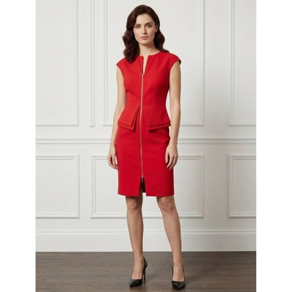 Ted Baker Kwyli Red Peplum Sheath Dress Gold‎ Zip Front Cap Sleeve Size XS